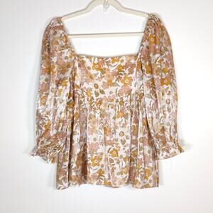 Milkmaid Puff Sleeve Blouse Metallic Floral Boho Romantic L‎ Peplum Top